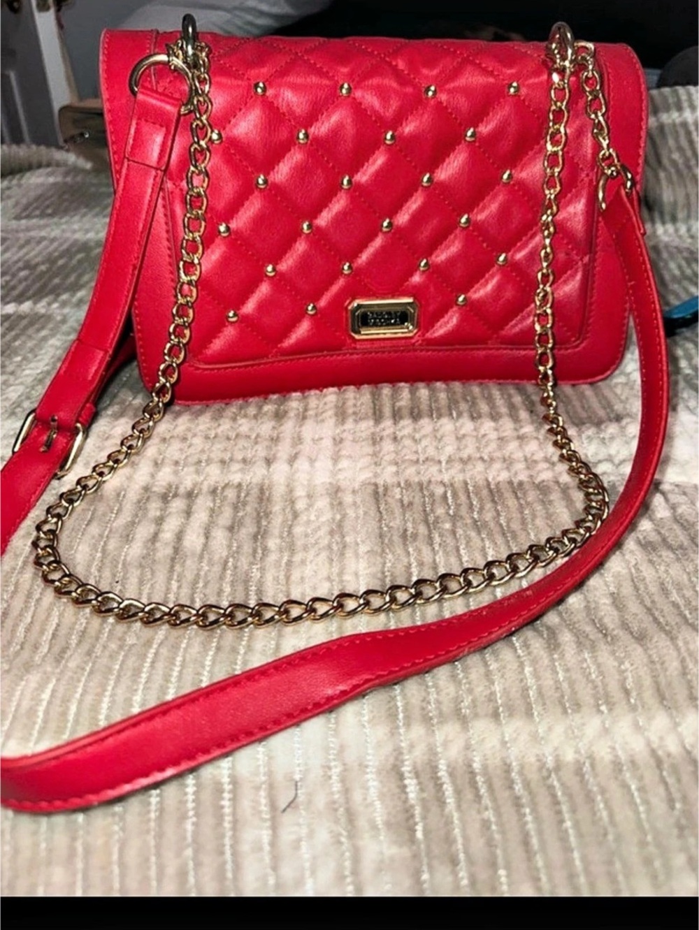 Badgley Mischka Quilted Studded Crossbody Bag in Red